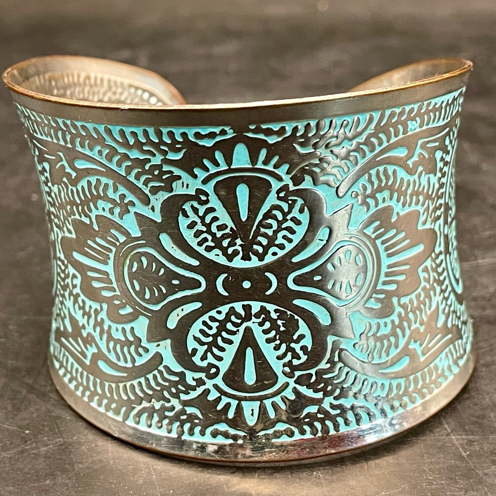 Etched Brass Cuff Bracelet In Distressed Turquoise Blue Color